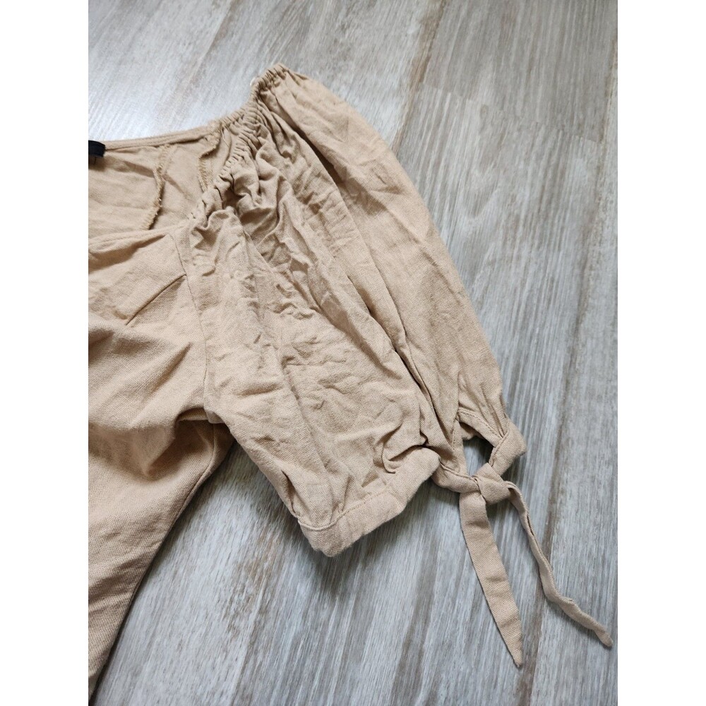 Express Linen Blend Crop Top Womens L Tan Puff Sleeve Cottagecore Peasant GUC - Picture 5 of 9